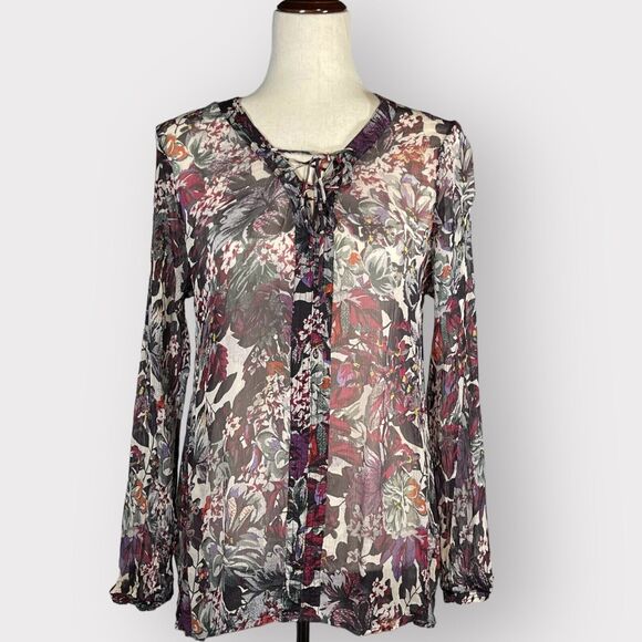 Lucky Brand Top Women M Multicolor Floral Boho Sheer‎ Button-Front Viscose C42 - Picture 1 of 11